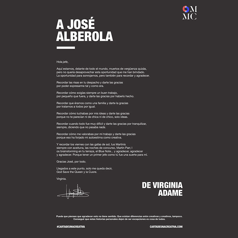 Carta escrita por Virginia Adame a José Luis Alberola. Parte de la campaña Más Mujeres Creativas