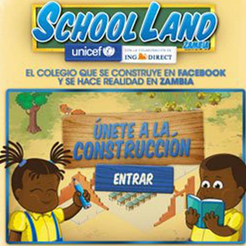 Imagen de la app de Facebook School Land, el colegio de Unicef que se construye en Facebook y se hace realidad en Zambia