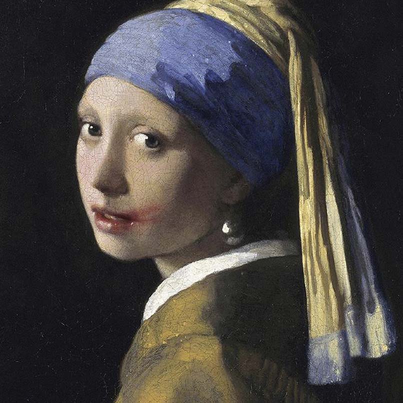 La Joven de la Perla de Vermeer con el lápiz de labios corrido. Imagen del Museo Tiflológico de la ONCE.