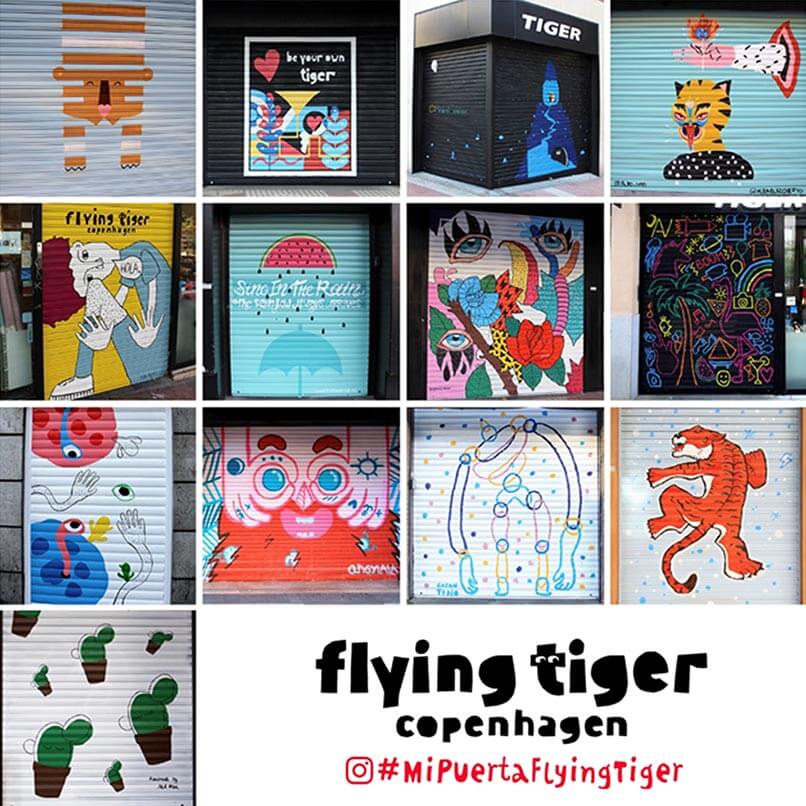 Mosaico de imágenes de cierres de las tiendas Flying Tiger Copenhagen decorados con grafitis